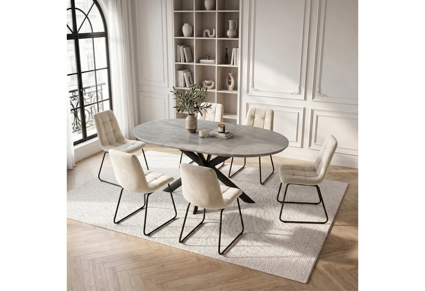 Jiexi Essgruppe ausziehbar rund bis oval mit Flanellstühlen Beige