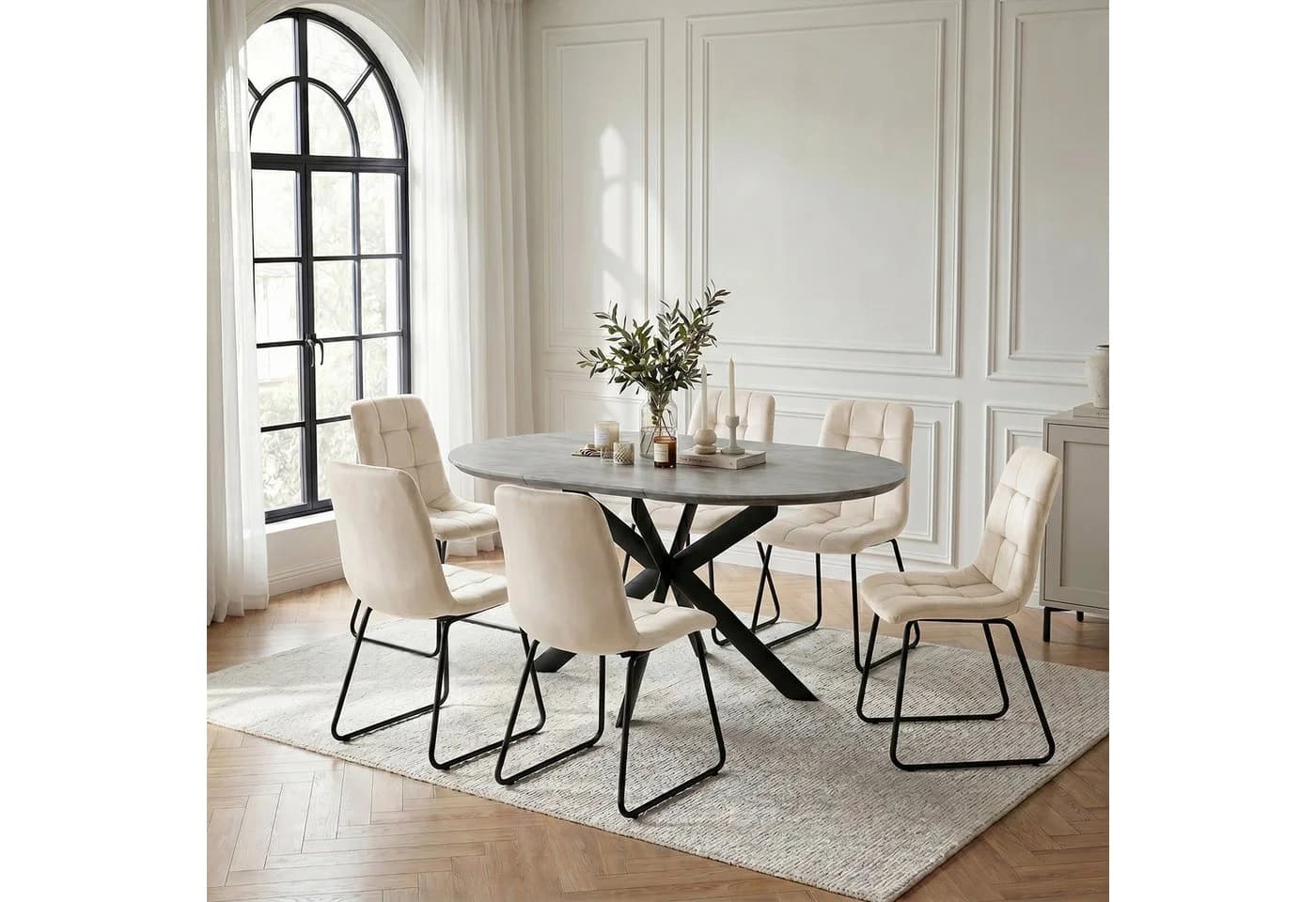 Jiexi Essgruppe ausziehbar rund bis oval mit Flanellstühlen Beige - Bild 2