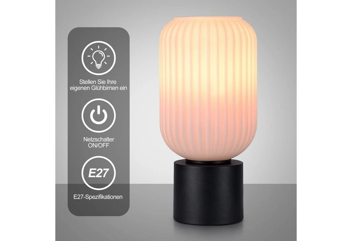 STANBOW Tischleuchte Schwarz Glas E27 mit Wippschalter - Bild 3