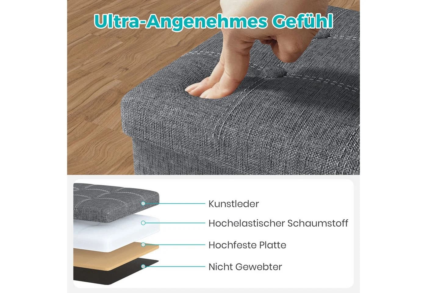 Oak&Tea Stauraumhocker Sitzhocker mit Stauraum – Klappbare Aufbewahrungsbox & Sitzwürfel Hellgrau - Bild 4
