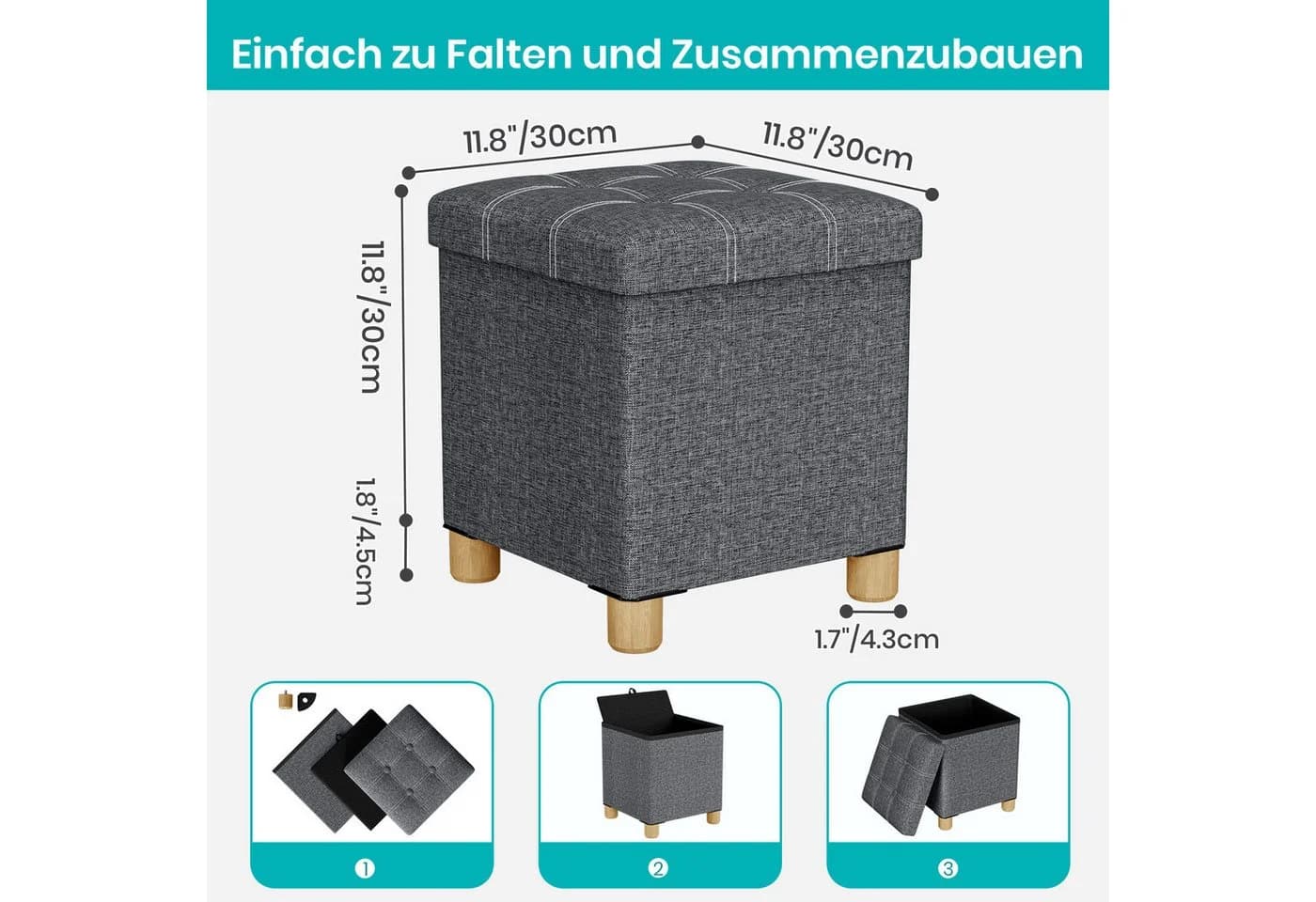 Oak&Tea Stauraumhocker Sitzhocker mit Stauraum – Klappbare Aufbewahrungsbox & Sitzwürfel Grau