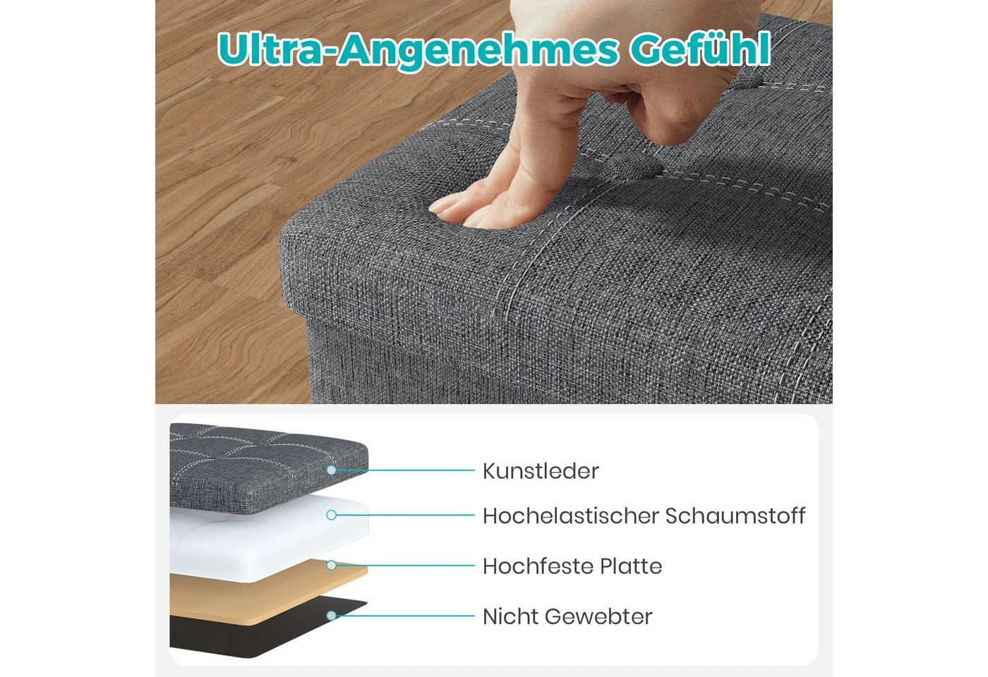 Oak&Tea Stauraumhocker Sitzhocker mit Stauraum – Klappbare Aufbewahrungsbox & Sitzwürfel Grau - Bild 5