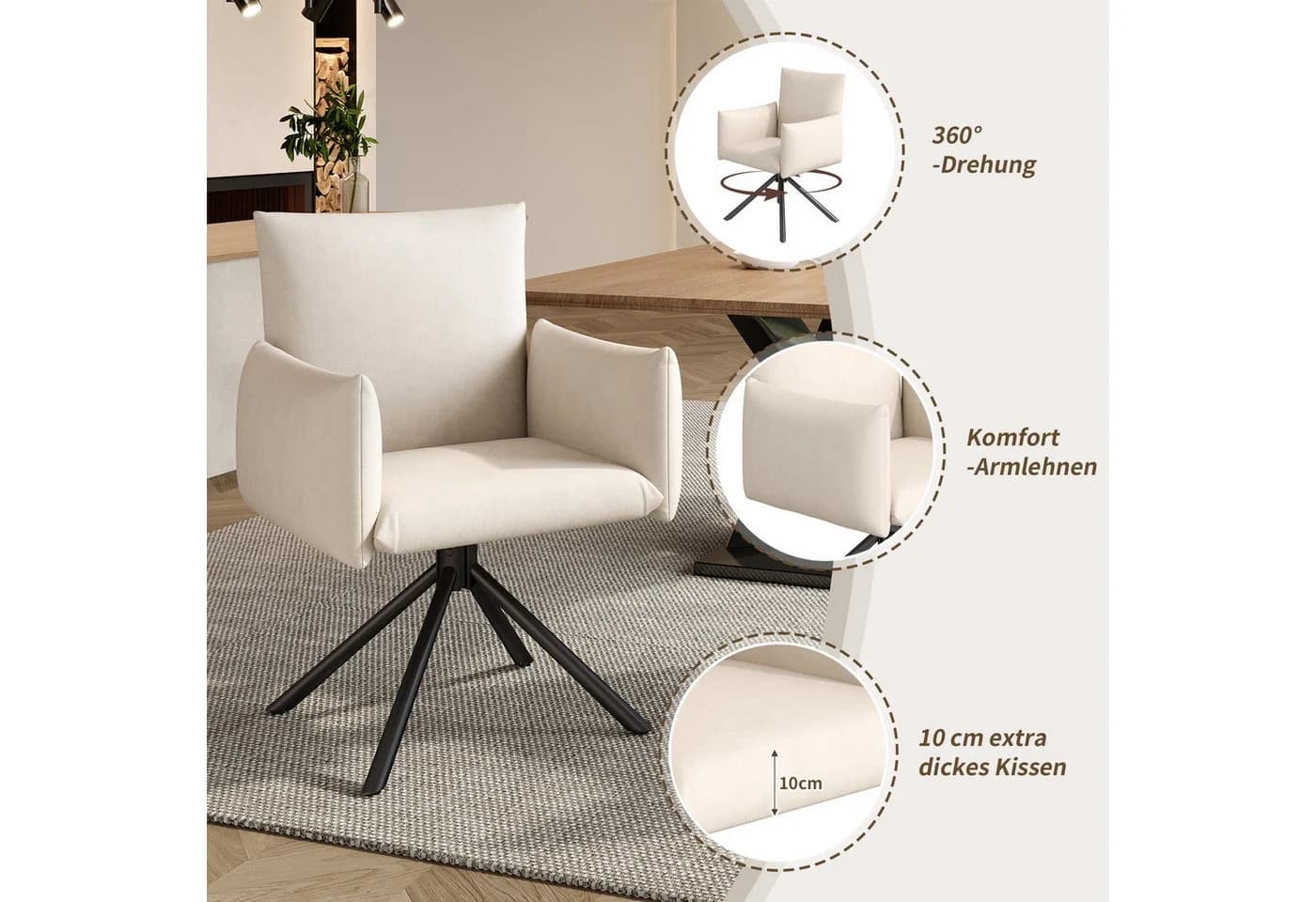 IDEASY 6er Esszimmerstuhl-Set mit Drehfunktion, Samt Bezug Beige - Bild 3