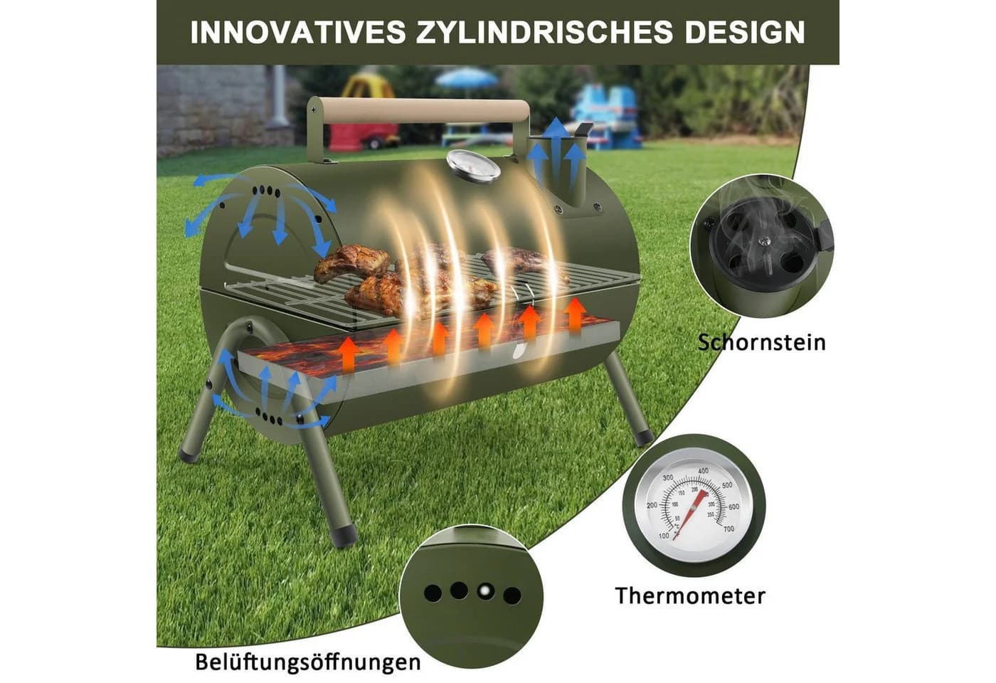 SunJas Klappgrill Holzkohlegrill Grün mit Thermometer