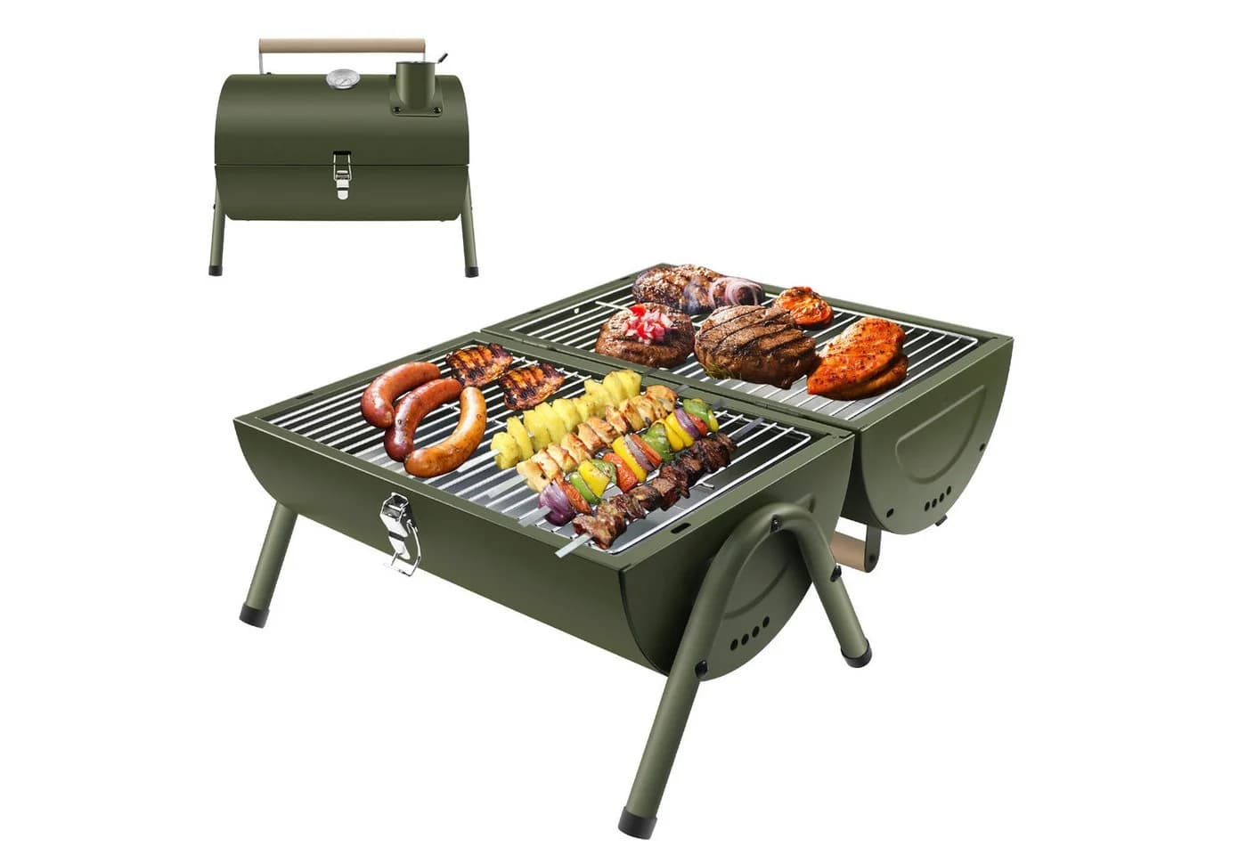 SunJas Klappgrill Holzkohlegrill Grün mit Thermometer - Bild 2