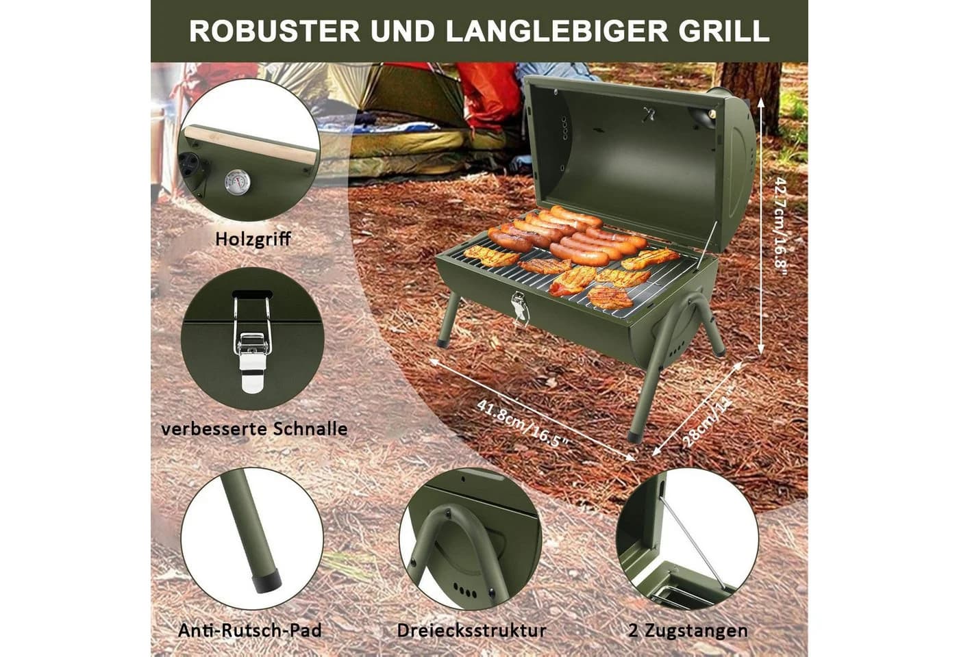 SunJas Klappgrill Holzkohlegrill Grün mit Thermometer - Bild 3