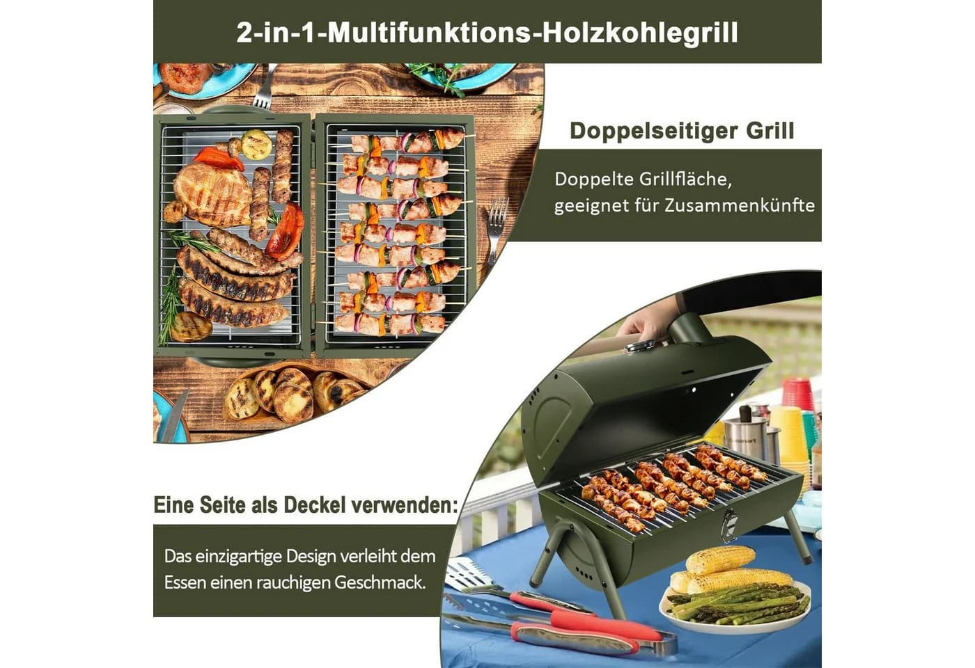 SunJas Klappgrill Holzkohlegrill Grün mit Thermometer - Bild 4