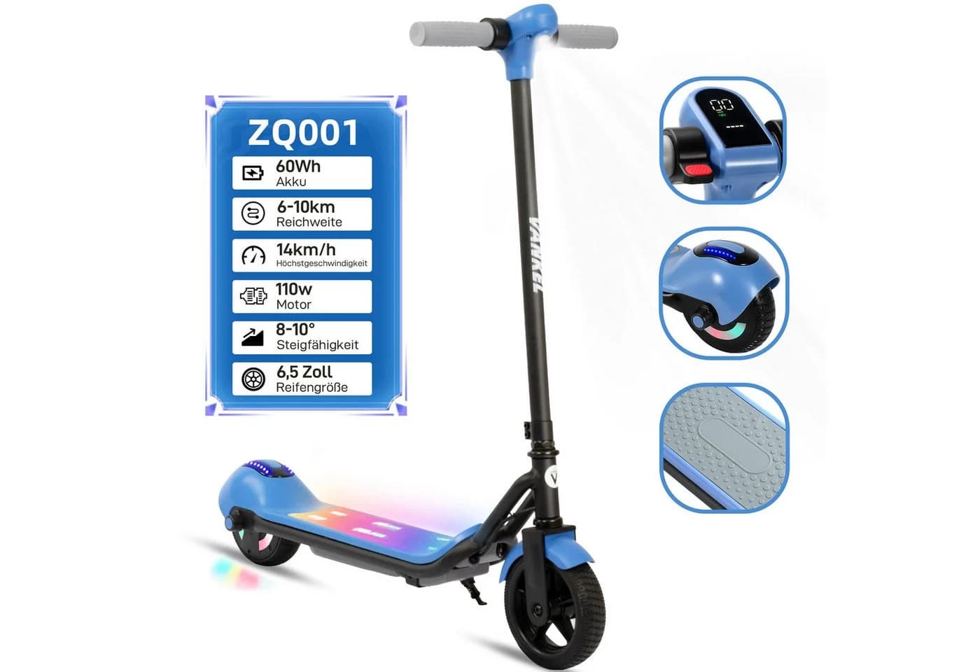 Vankel Elektro-Kinderroller 14 km/h LED-Lichter Blau - Bild 2