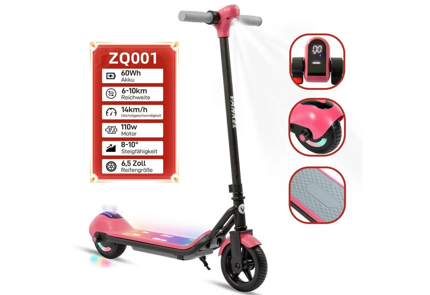 Vankel Elektro-Kinderroller 14 km/h LED-Lichter Rosa - Bild 2