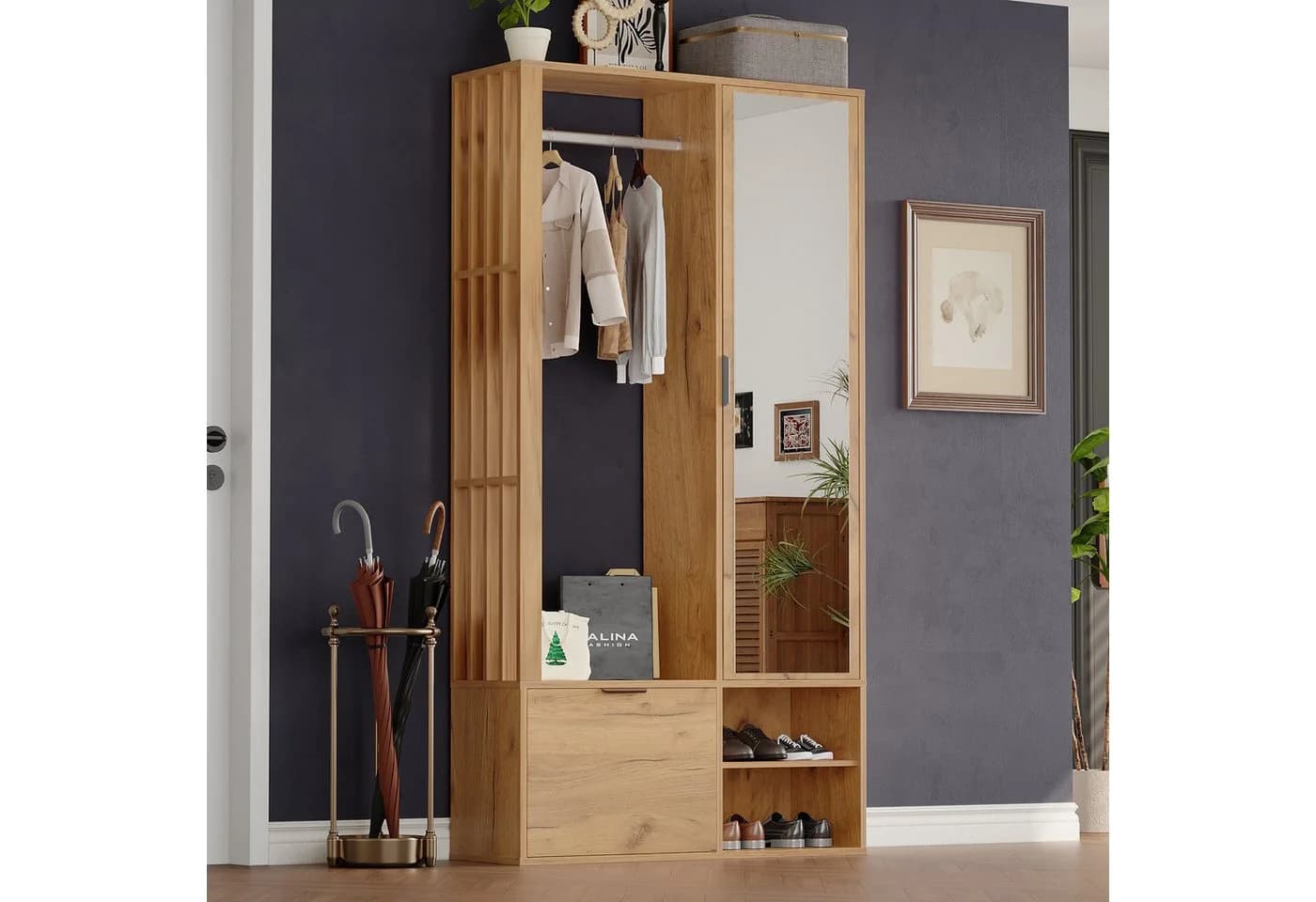 EXTSUD Garderobenschrank 6-in-1 mit Spiegel & Wäscheständer Beige