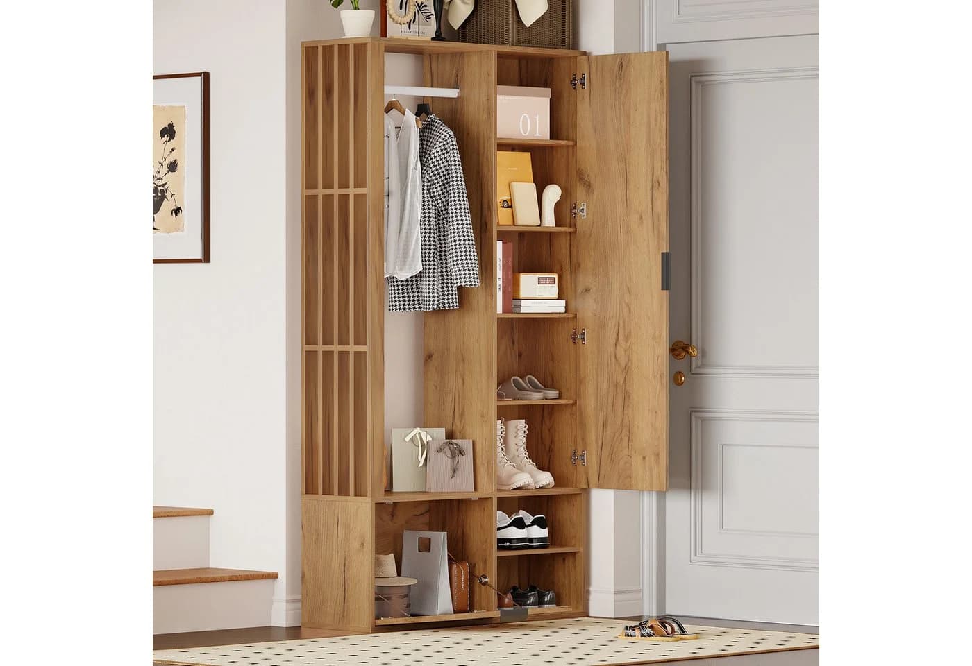 EXTSUD Garderobenschrank 6-in-1 mit Spiegel & Wäscheständer Beige - Bild 3