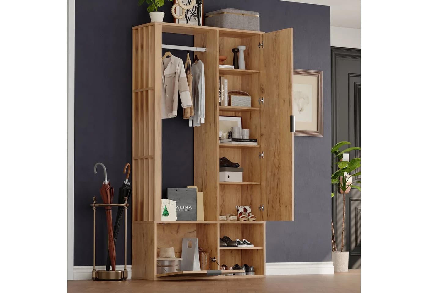 EXTSUD Garderobenschrank 6-in-1 mit Spiegel & Wäscheständer Beige - Bild 4