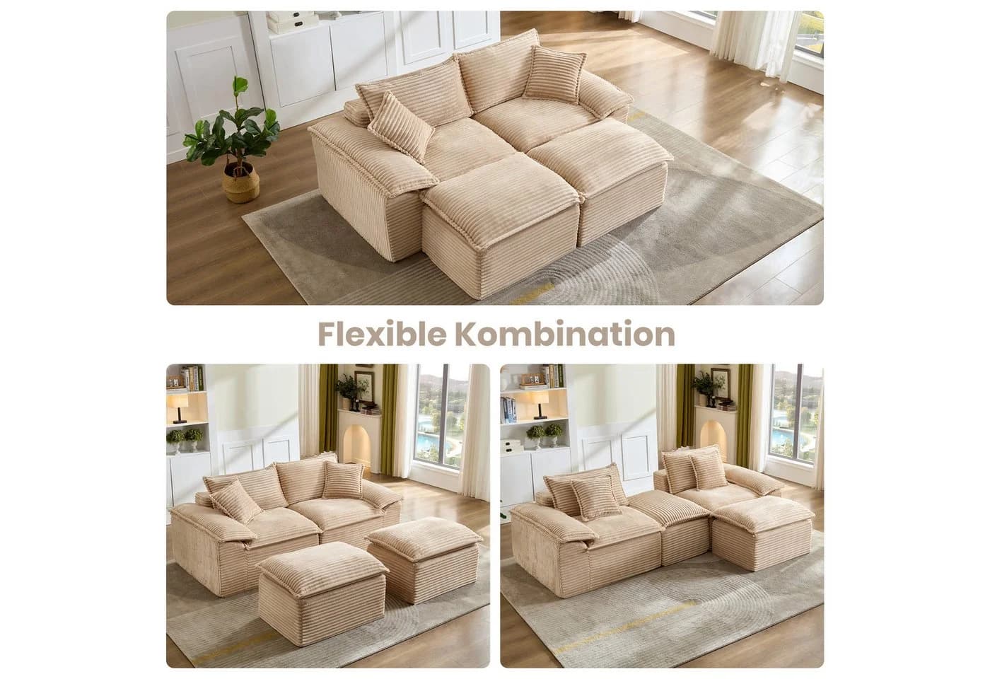 Vankel Modulares Schlafsofa 2-Sitzer Beige Cord mit Hocker - Bild 3