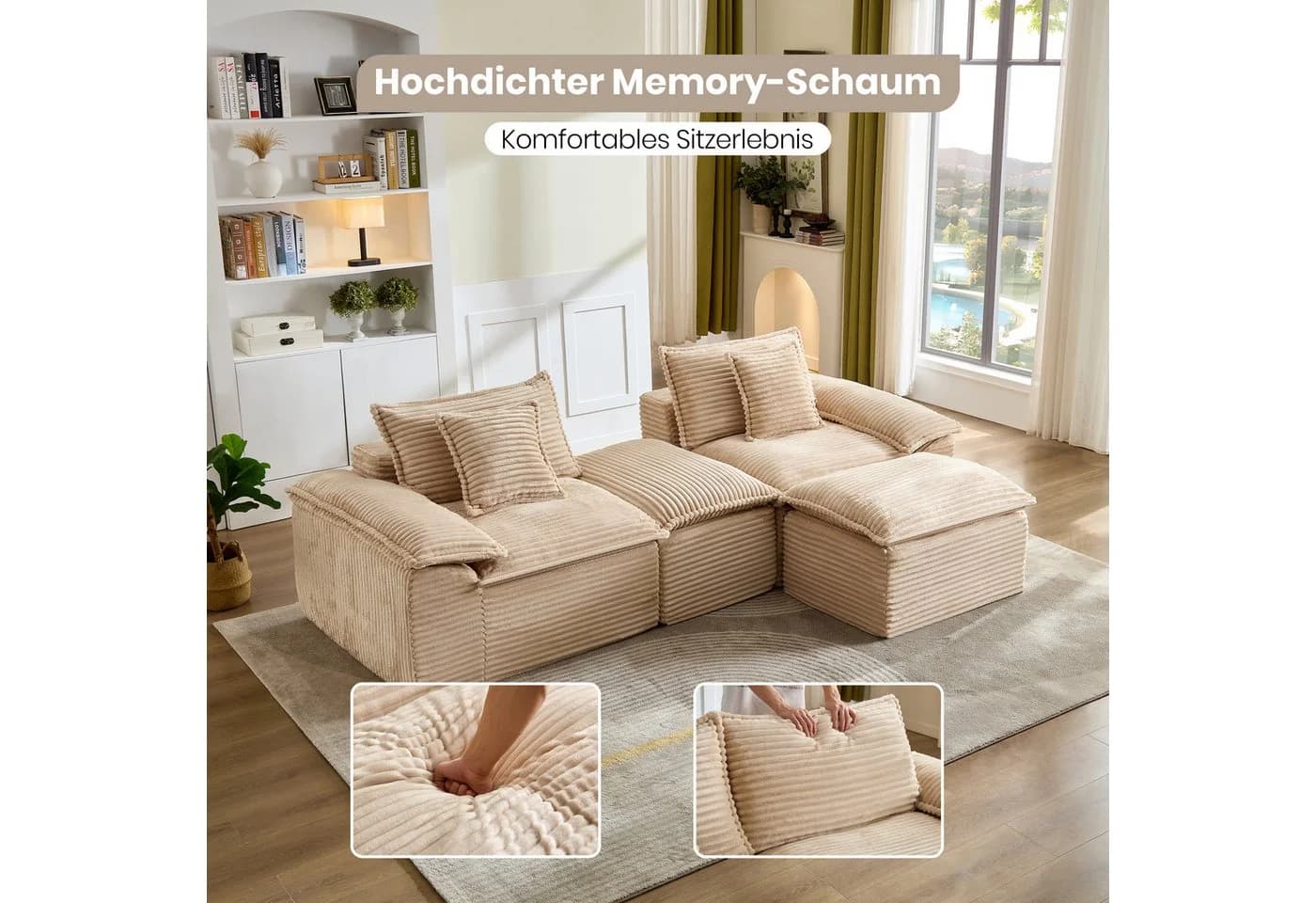 Vankel Modulares Schlafsofa 2-Sitzer Beige Cord mit Hocker - Bild 4