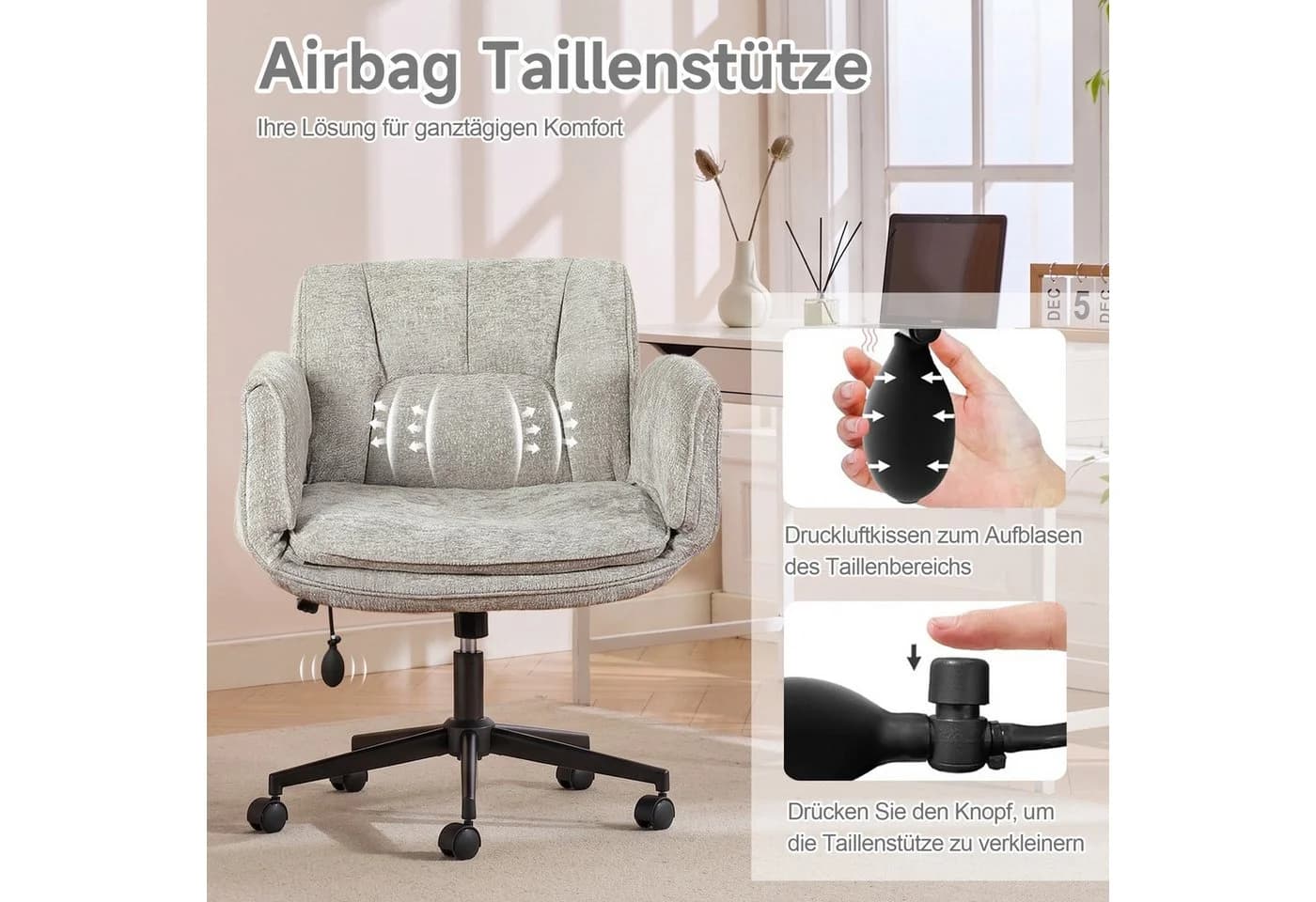 Vankel Chenille Bürostuhl mit verstellbaren Armlehnen und Lordosenstütze grau - Bild 5