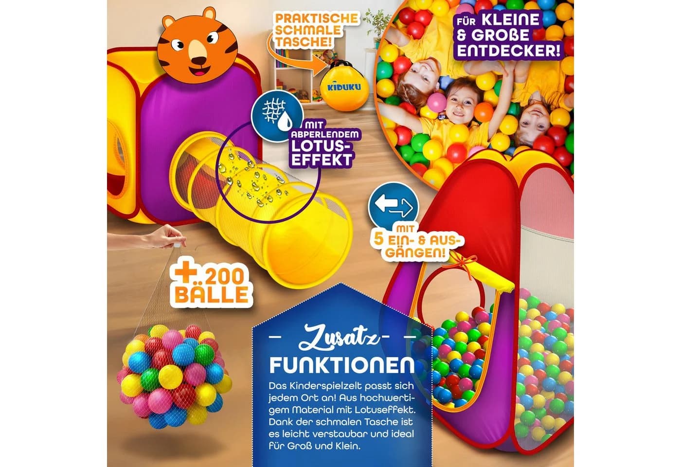 KIDUKU Spielzelt 3-teilig Bällebad mit Krabbeltunnel und 200 Bällen - Bild 5