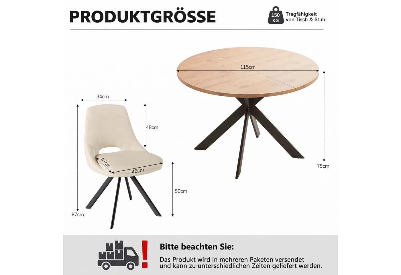 Jiexi Essgruppe 5-tlg. Runder Tisch Eiche & Samtstühle - Bild 3