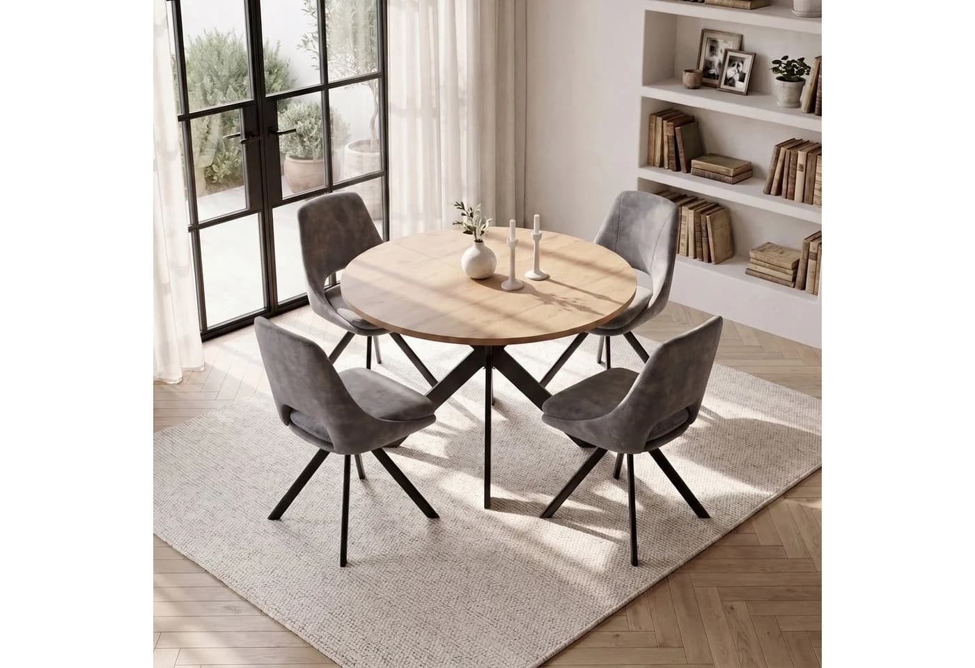 Jiexi Essgruppe 5-tlg. Runder Tisch Eiche & Samtstühle Grau