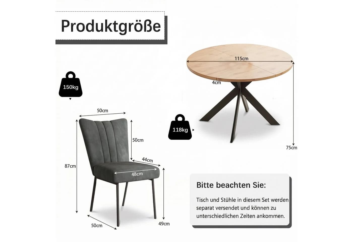 Jiexi Essgruppe 5-tlg. Runder Tisch Eiche Samt Stühle Grau - Bild 3
