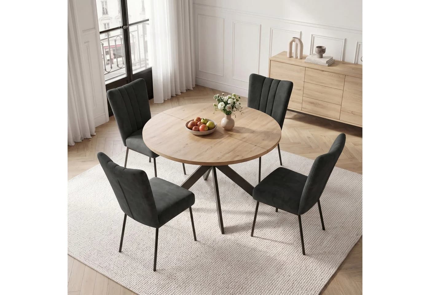 Jiexi Essgruppe mit rundem Tisch Ø 115cm und 4 Samtstühlen