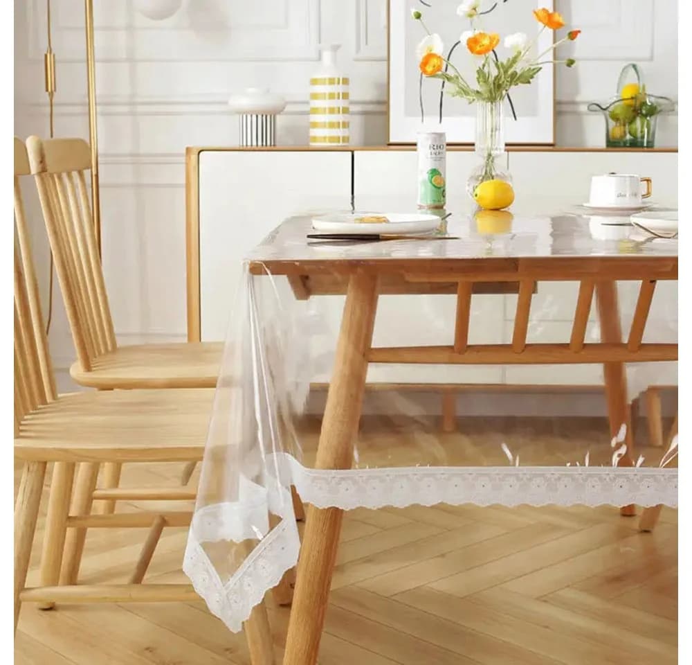 Emhelle Tischdecke Tischfolie Transparent mit Weißer Spitze