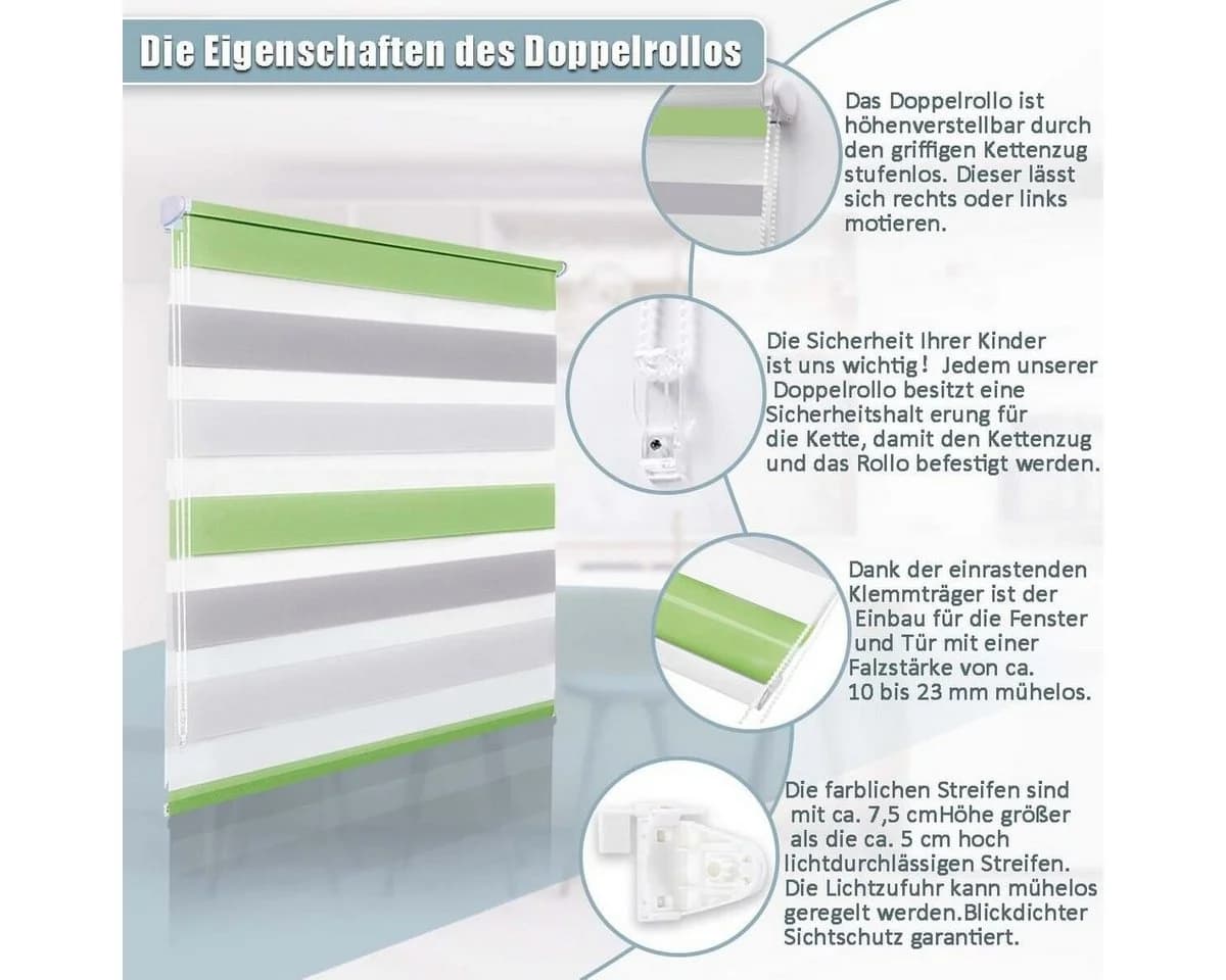Doppelrollo Ohne Bohren, Grau/Grün/Grün-Grau-Weiß, OUBO, freihängend, verspannt, Klemmträger, Klemmfix, Lichtschutz - Bild 5