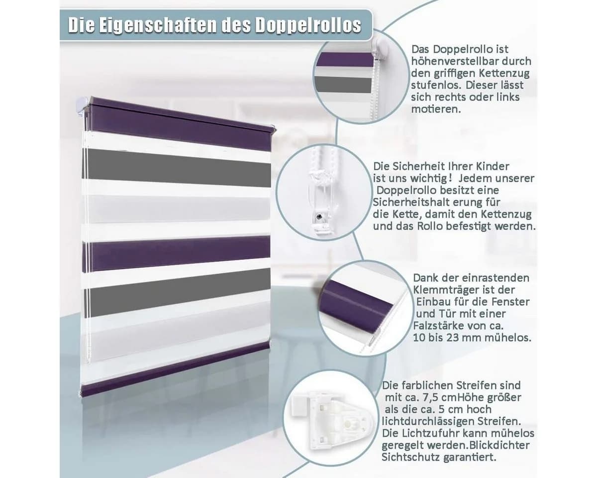 OUBO Doppelrollo Bohrfrei Schwarz-Weiß Klemmfix Lichtschutz - Bild 5