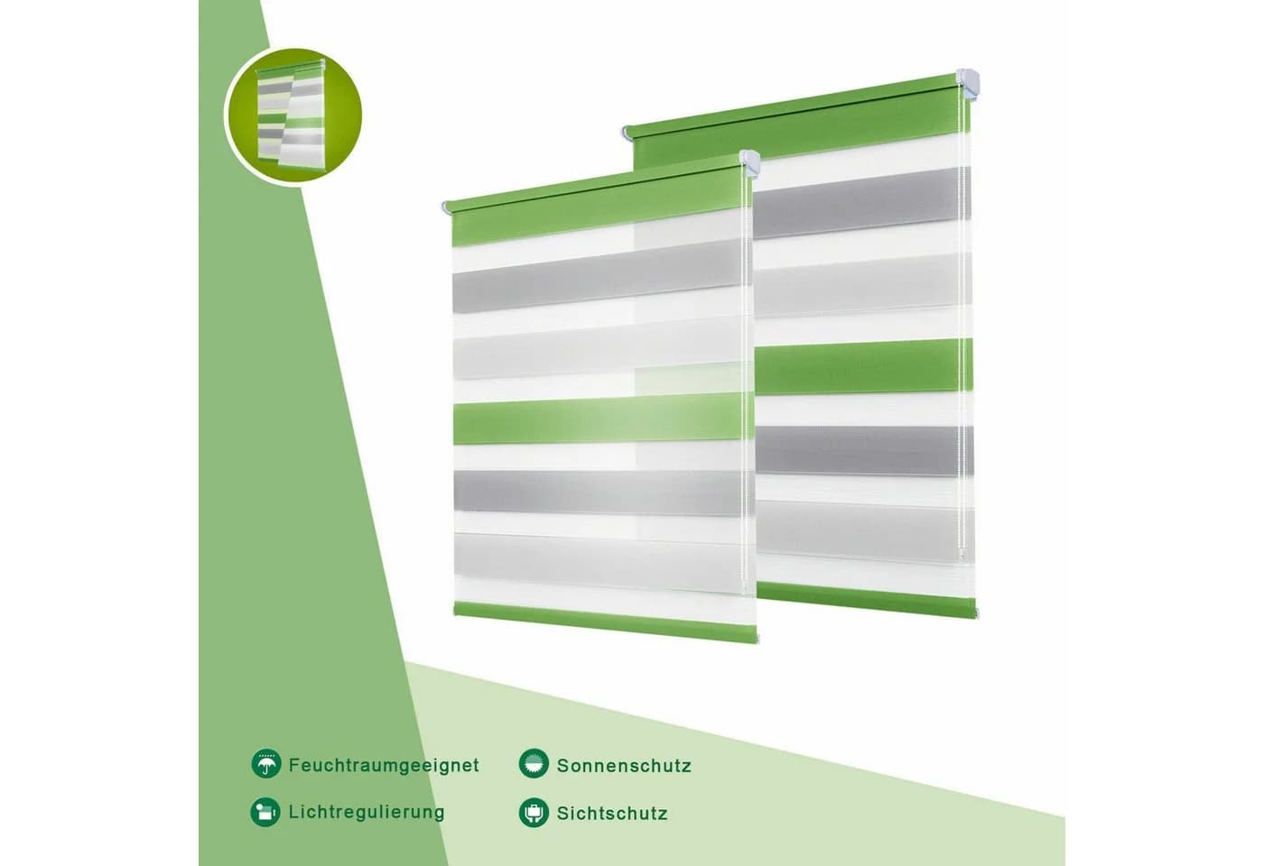 Vkele Doppelrollo Ohne Bohren 130cm/160cm Klemmfix Grün-Grau-Weiß
