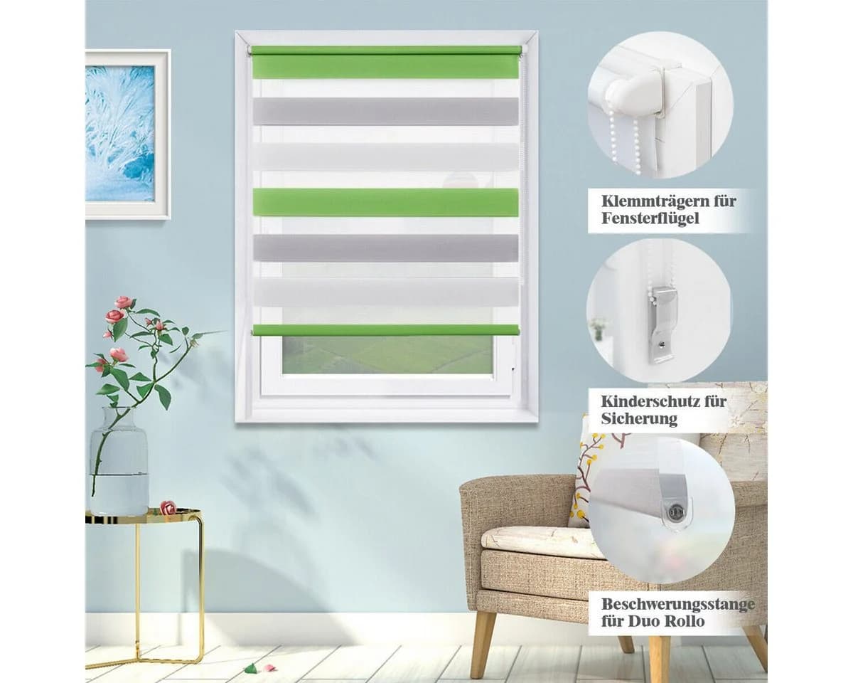 Vkele Doppelrollo Ohne Bohren 130cm/160cm Klemmfix Grün-Grau-Weiß - Bild 4