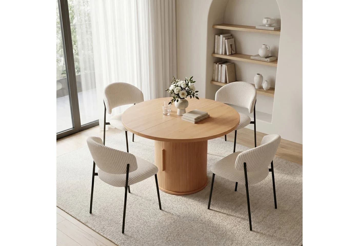 Jiexi Essgruppe Rund mit Stauraum, 4 Stühle Cord-Bezug