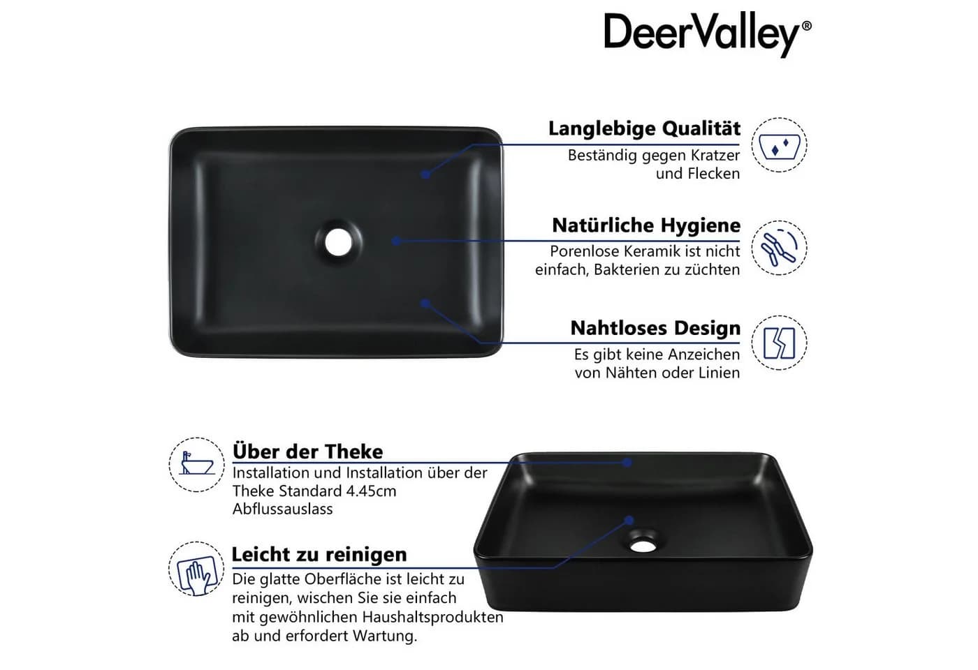 DeerValley Aufsatzwaschbecken Schwarz Rechteckig Keramik - Bild 3