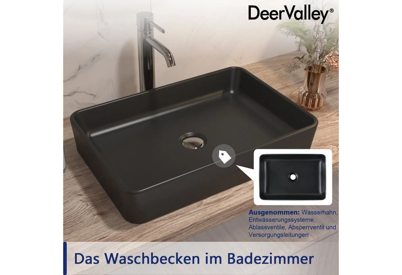 DeerValley Aufsatzwaschbecken Schwarz Rechteckig Keramik - Bild 5