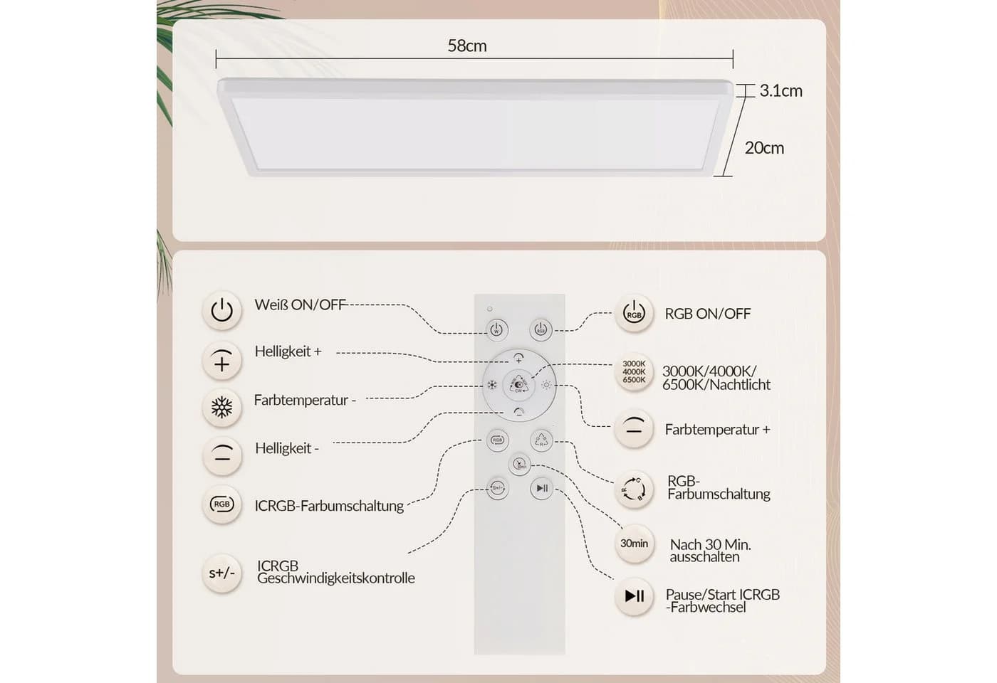 ZMH LED Deckenleuchte Modern Rechteck 22 W RGB CCT dimmbar Fernbedienung - Bild 3