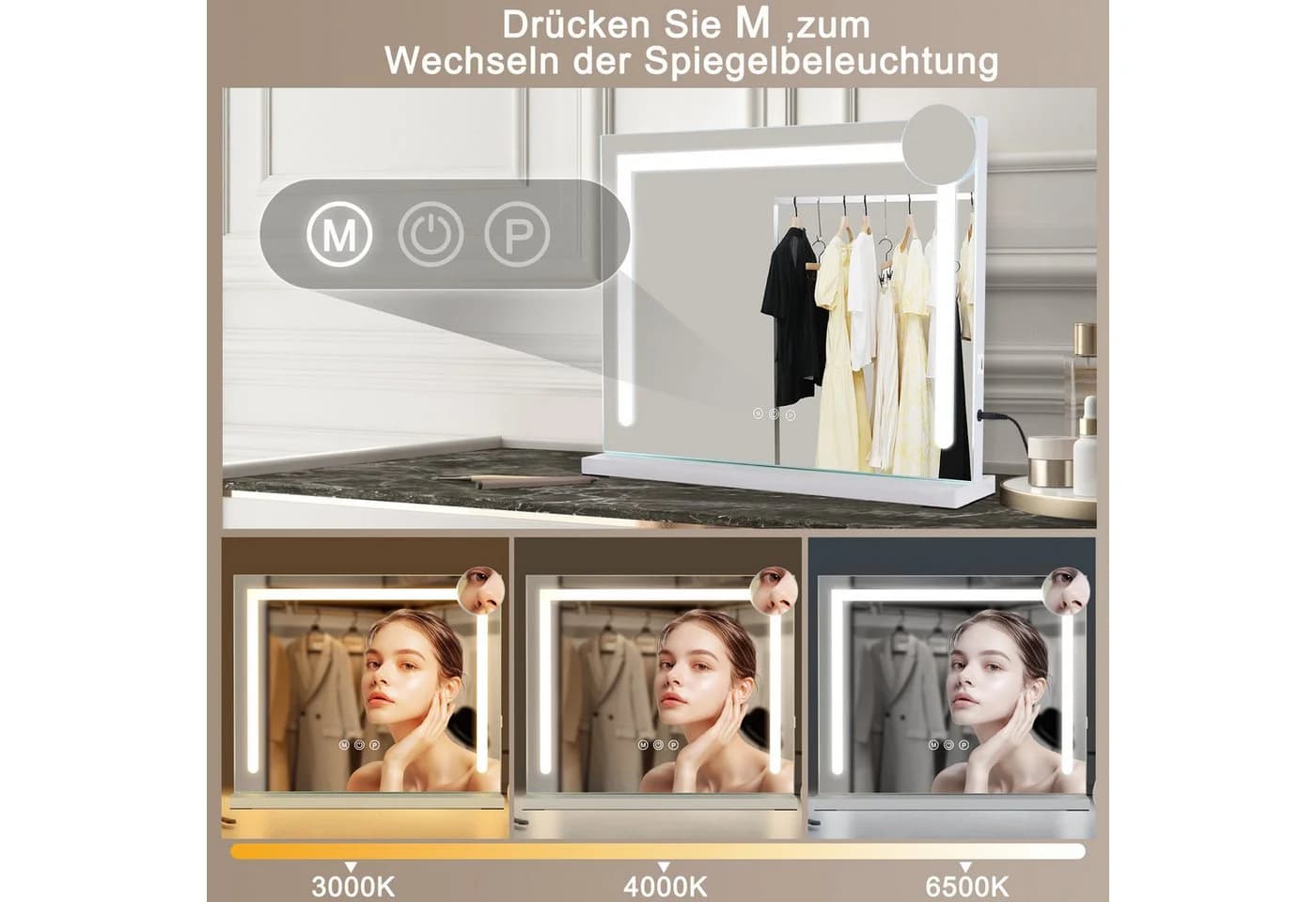 ZMH Schminkspiegel mit Beleuchtung Dimmbar 3 Farblichtmodi USB 5 Fächer Weiß