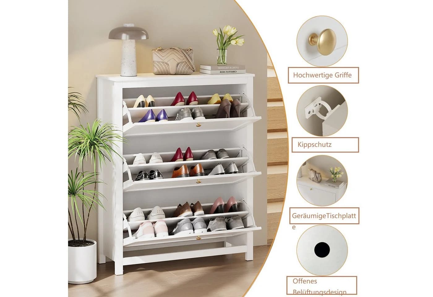 VOWNER Schuhschrank 3 Klappen 6 Fächer Weiß - Bild 5