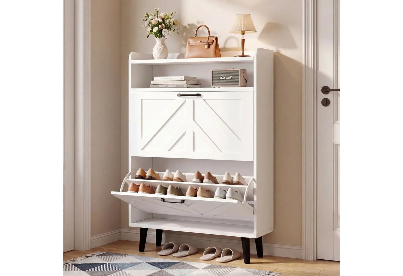 VOWNER Schuhschrank mit 2 Klappen, verstellbarem & abnehmbaren Regal, Holzbeinen, 75 x 24 x 113 cm, für Eingang/Flur - Bild 2