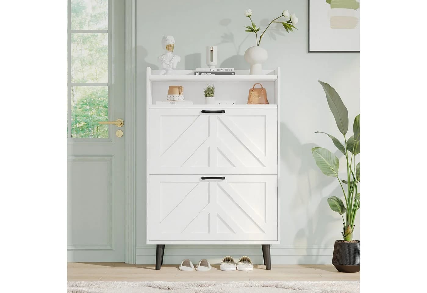 VOWNER Schuhschrank mit 2 Klappen, verstellbarem & abnehmbaren Regal, Holzbeinen, 75 x 24 x 113 cm, für Eingang/Flur - Bild 3