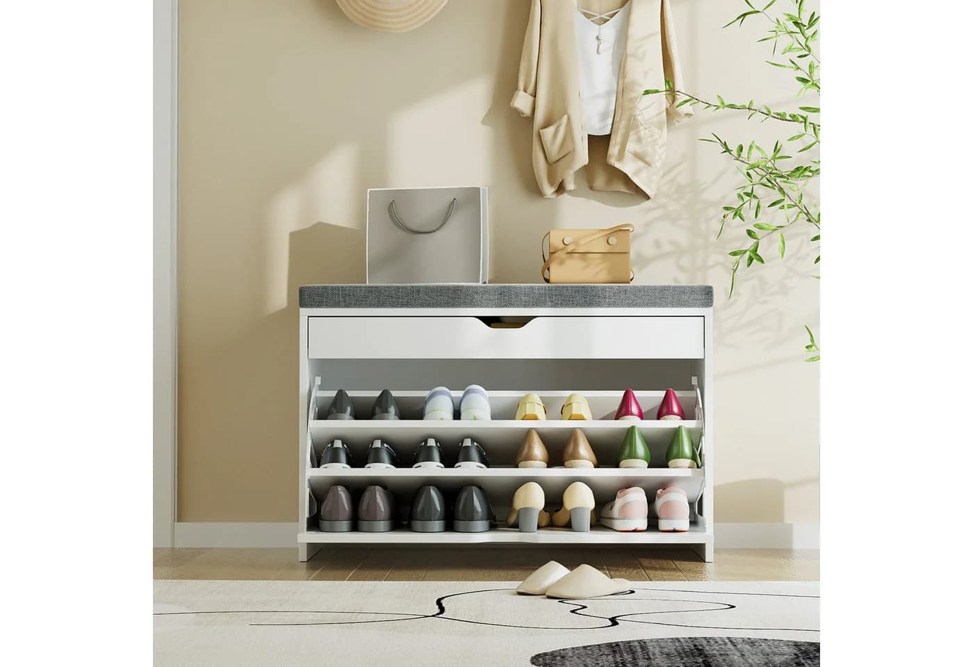 VOWNER Schuhschrank mit Klappen Weiß 3 Ebenen 81x31x55 cm - Bild 4