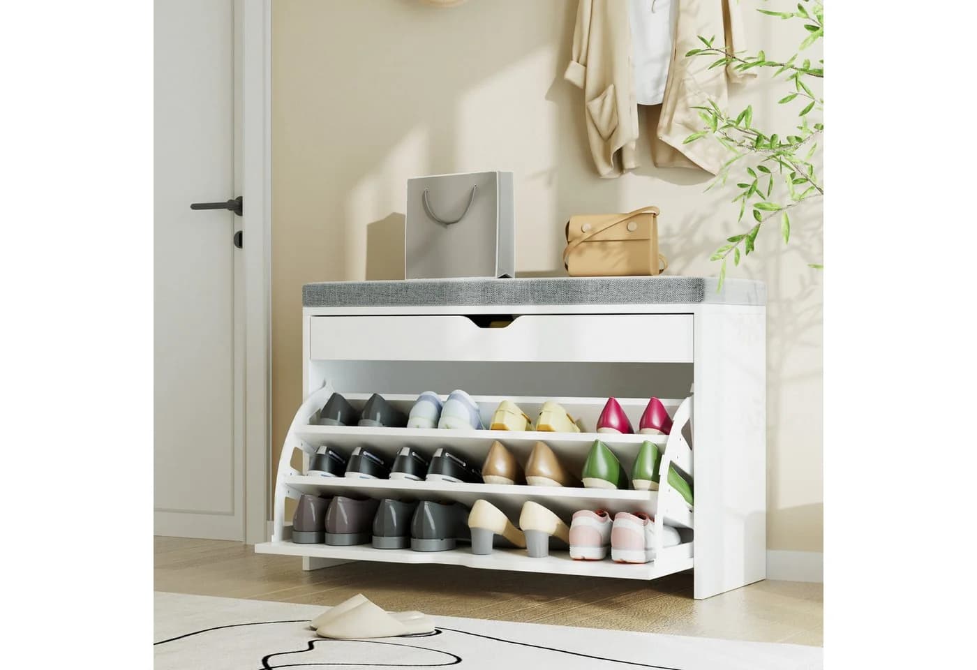 VOWNER Schuhschrank mit Klappen Weiß 3 Ebenen 81x31x55 cm - Bild 5