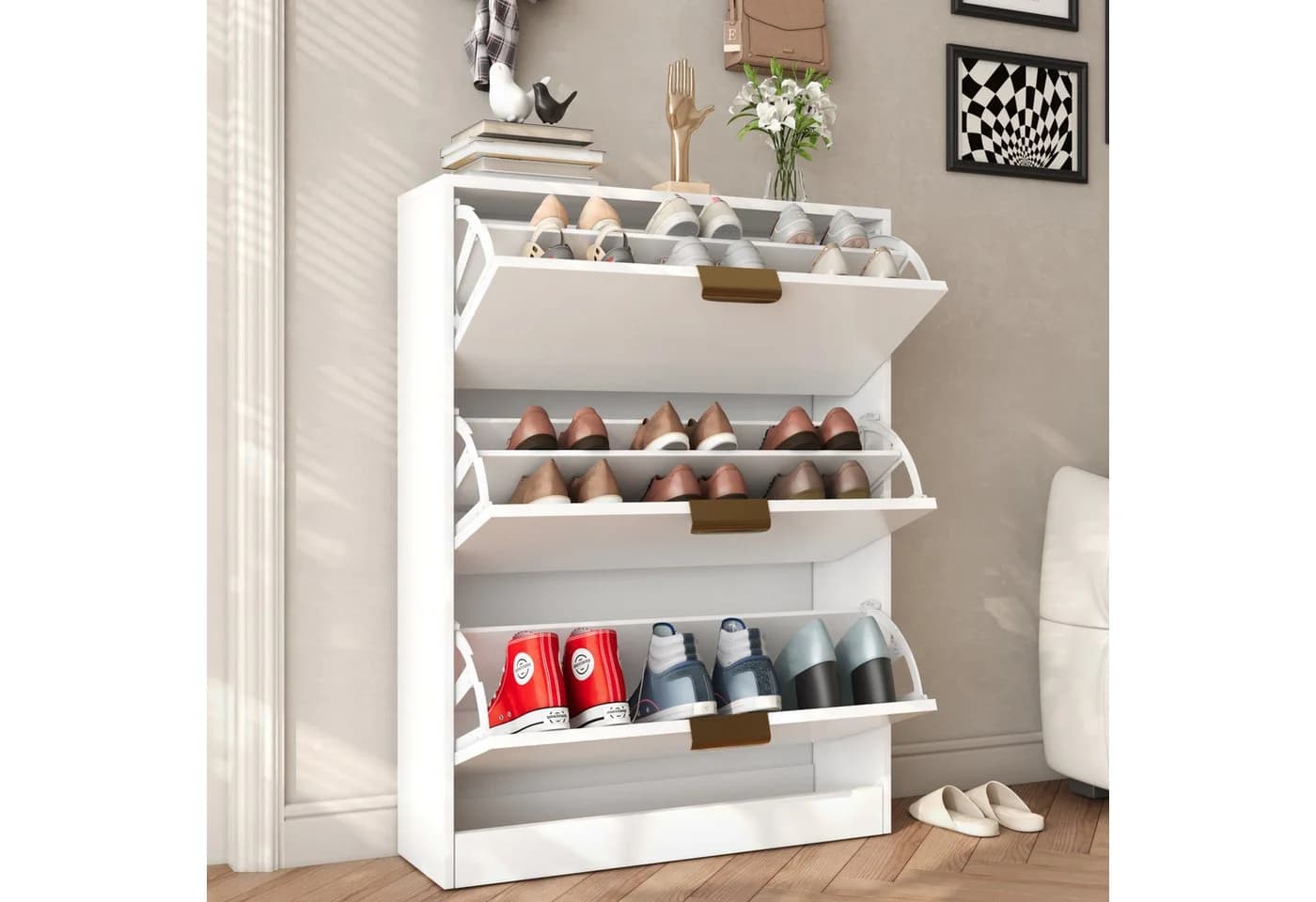 VOWNER Schuhschrank, 3 Klappen, 6 Fächer, verstellbare Ablage, 80 x 24 x 107 cm - Bild 4