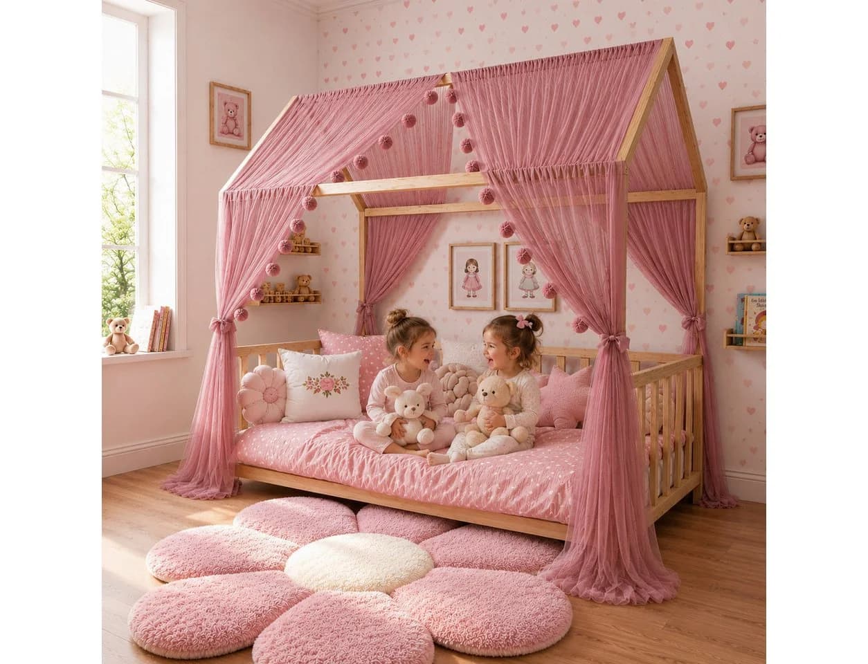 Baby Fancyroom Betthimmel Tüll Rosa 3-tlg. Set mit Pomponkette - Bild 2