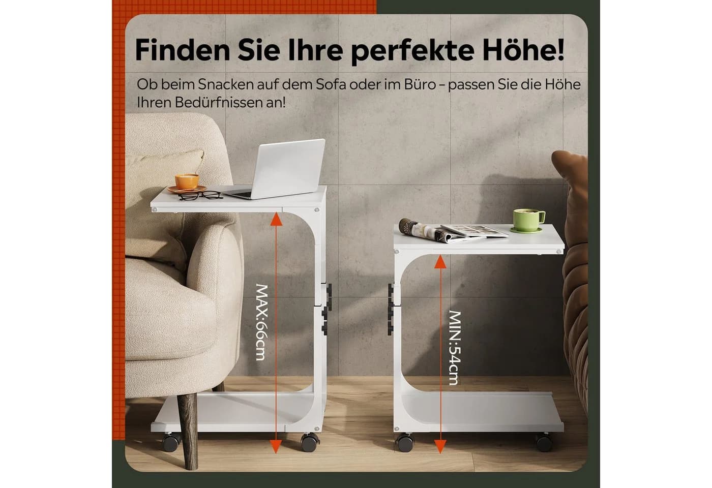 WLIVE Beistelltisch Höhenverstellbar C-Form Weiß mit Rollen - Bild 4