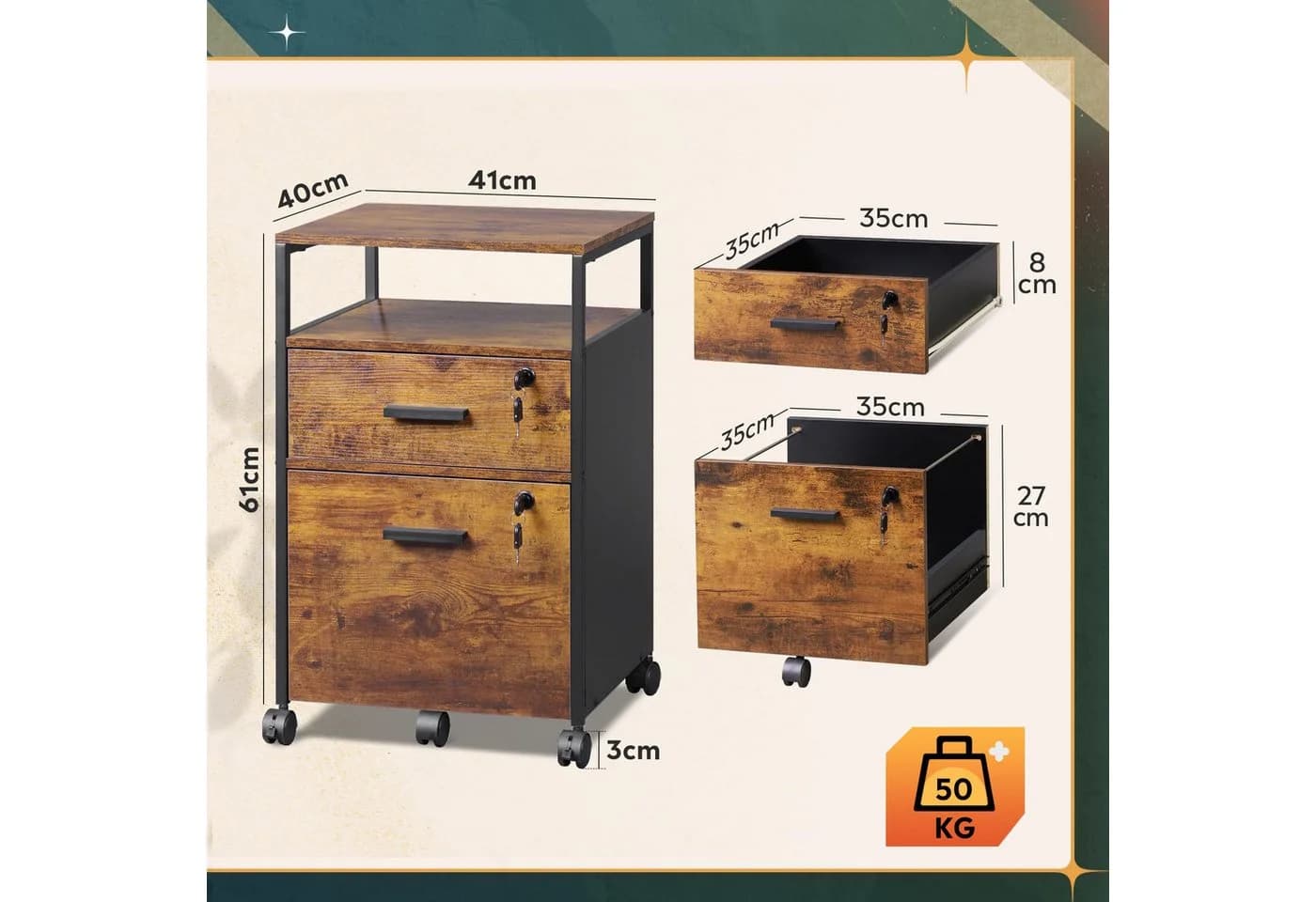 DEVAISE Aktenschrank Rollcontainer Retro Braun mit 2 Schubladen