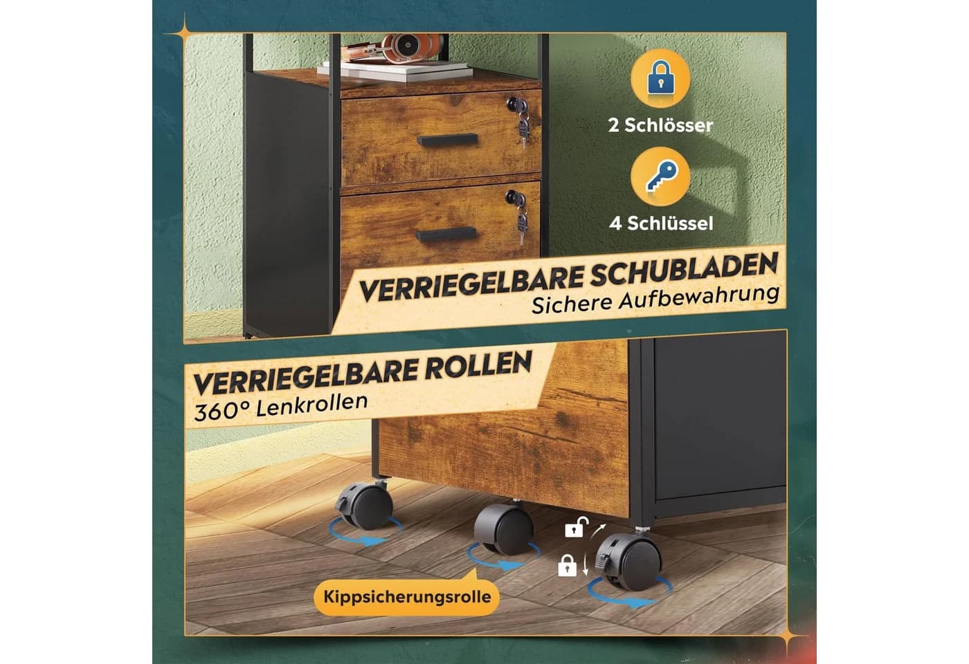 DEVAISE Aktenschrank Rollcontainer Retro Braun mit 2 Schubladen - Bild 3