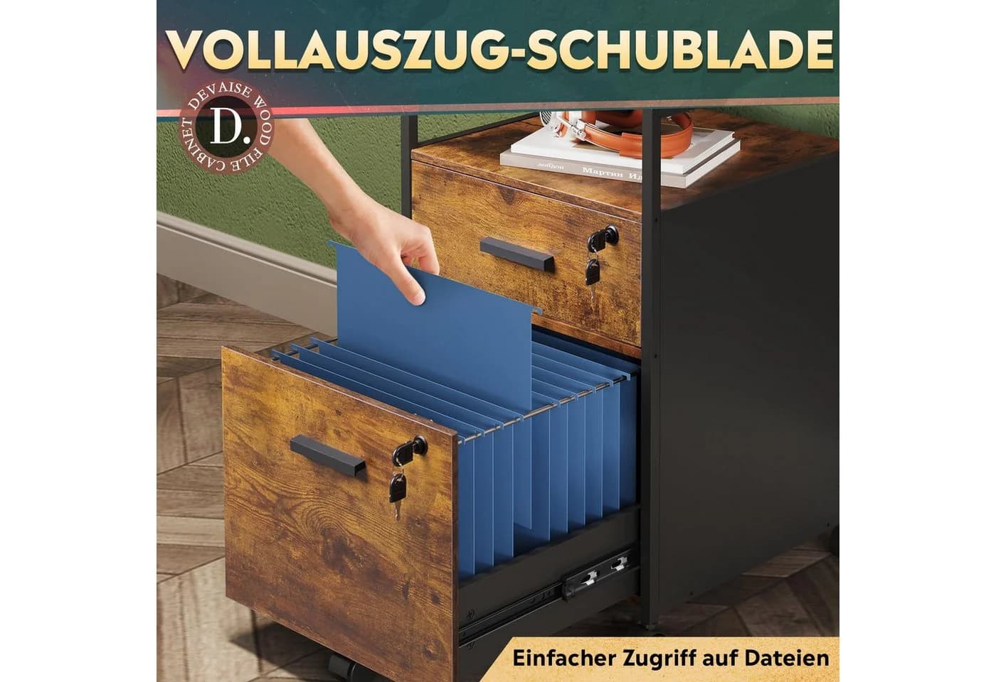 DEVAISE Aktenschrank Rollcontainer Retro Braun mit 2 Schubladen - Bild 5