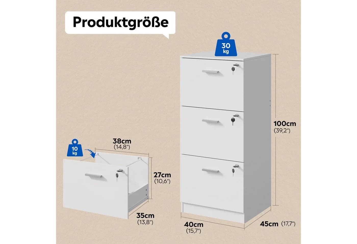 DEVAISE Rollcontainer Holzoptik 3 Schubladen abschließbar - Bild 3