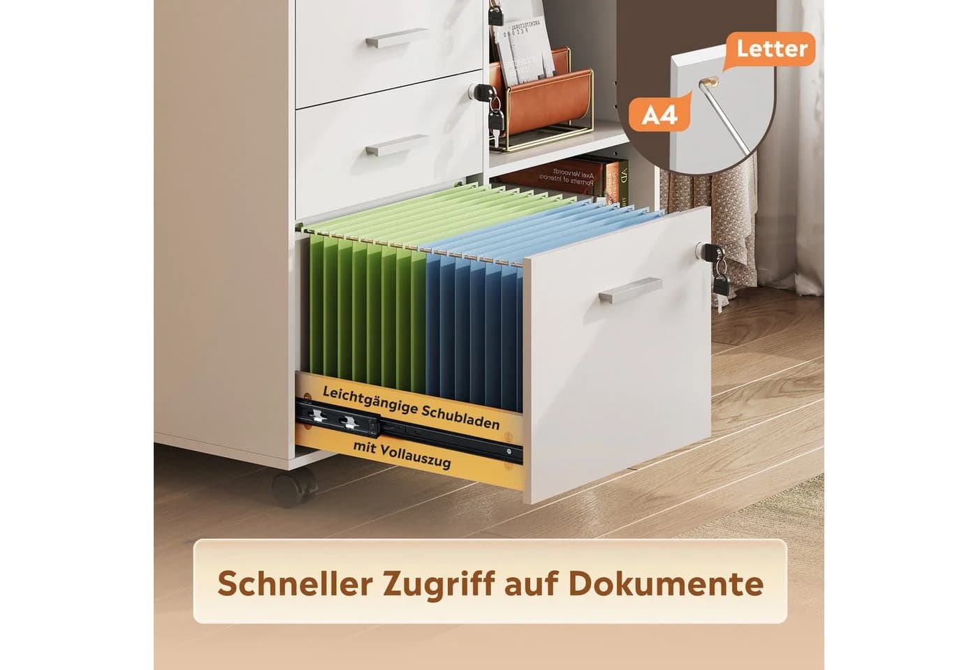 DEVAISE Aktenschrank Rollcontainer 3 Schubladen Weiß Industrial-Look - Bild 4