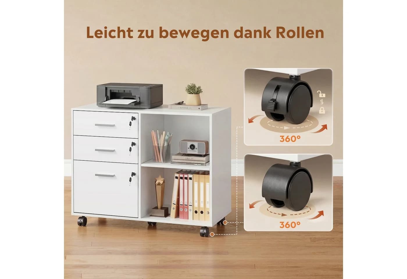 DEVAISE Aktenschrank Rollcontainer 3 Schubladen Weiß Industrial-Look - Bild 5