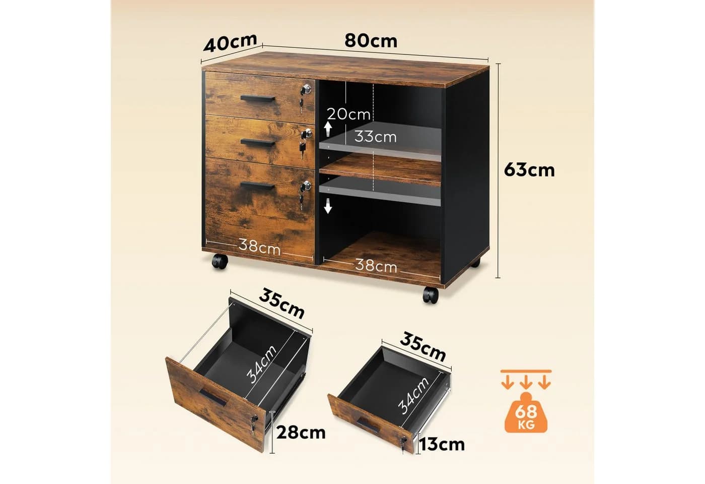 DEVAISE Aktenschrank Rollcontainer 3 Schubladen Industrial Braun - Bild 3