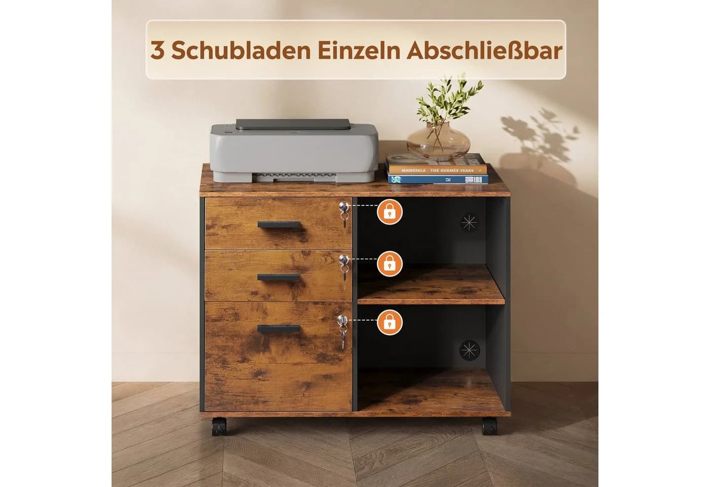 DEVAISE Aktenschrank Rollcontainer 3 Schubladen Industrial Braun - Bild 4